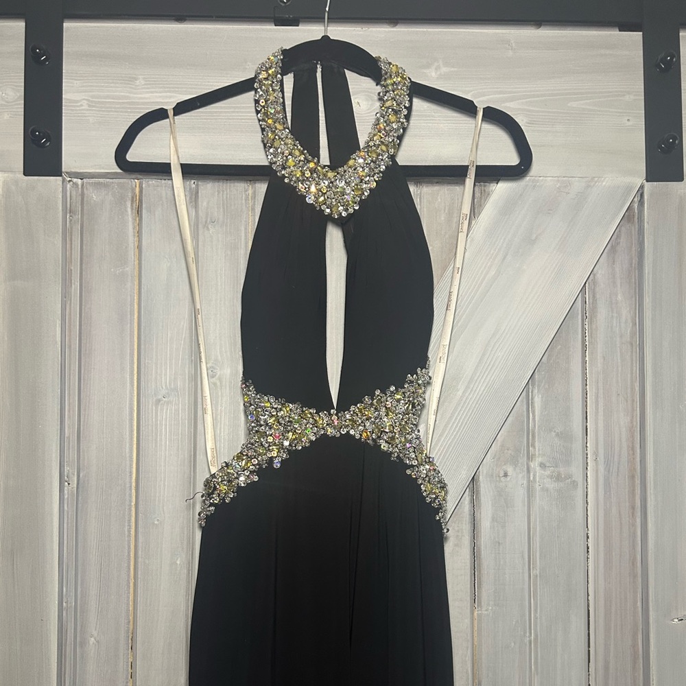 Tony Bowls Black Backless Gown with Waist Cape